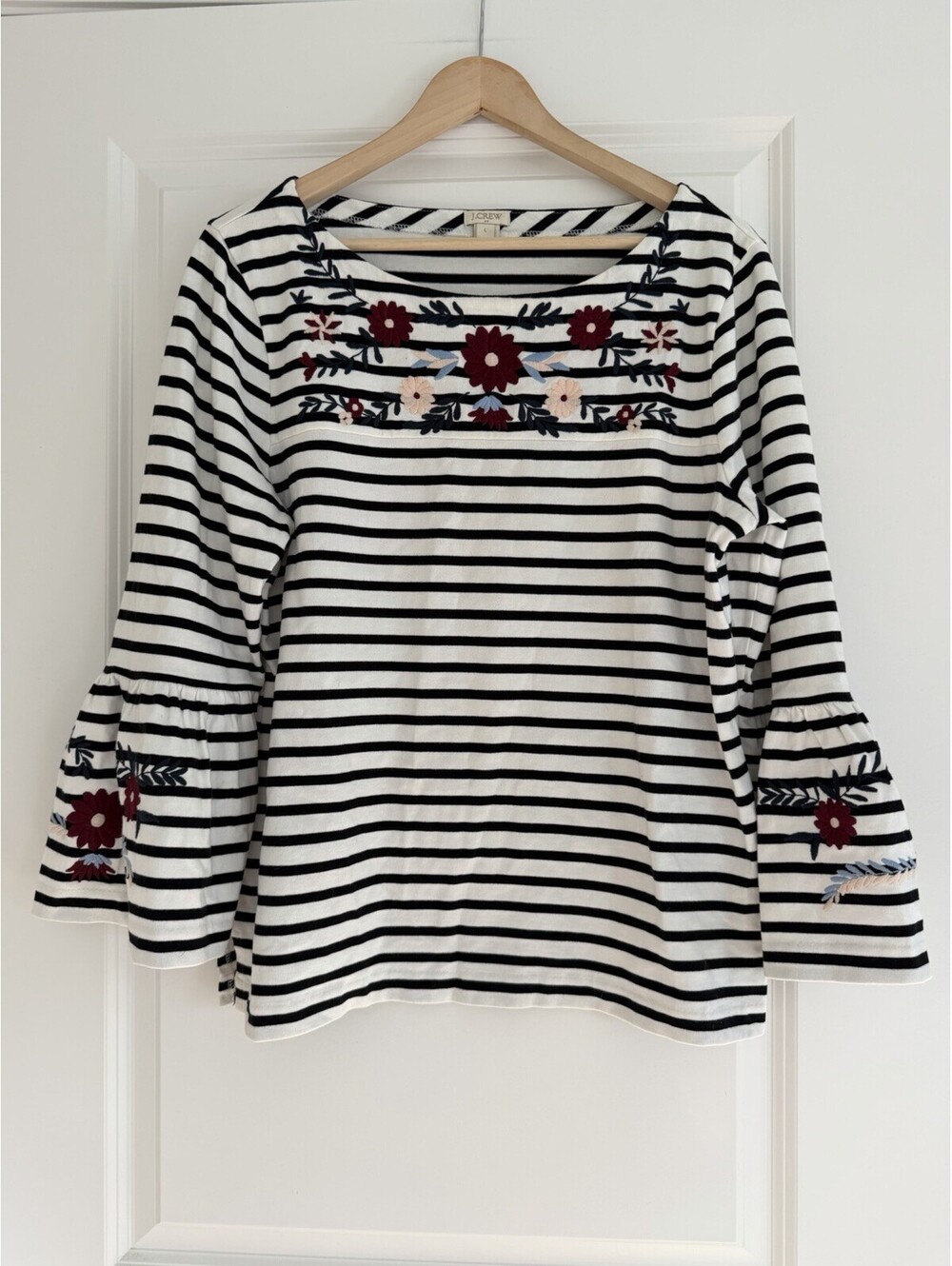 J.Crew Women’s Striped Floral Embroidered Bell Sleeve Top Size L French Nautical